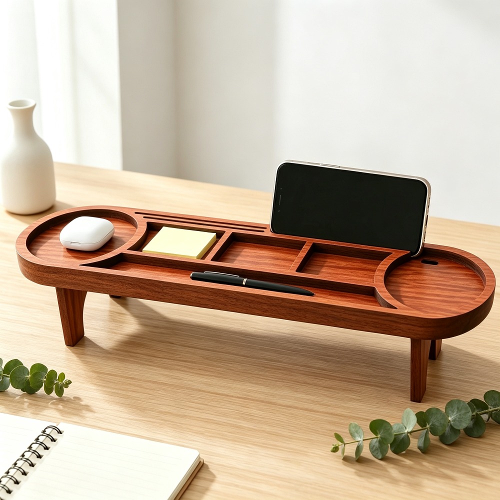 Desk Setup Home - Drewniany organizer na biurko ze stojakiem